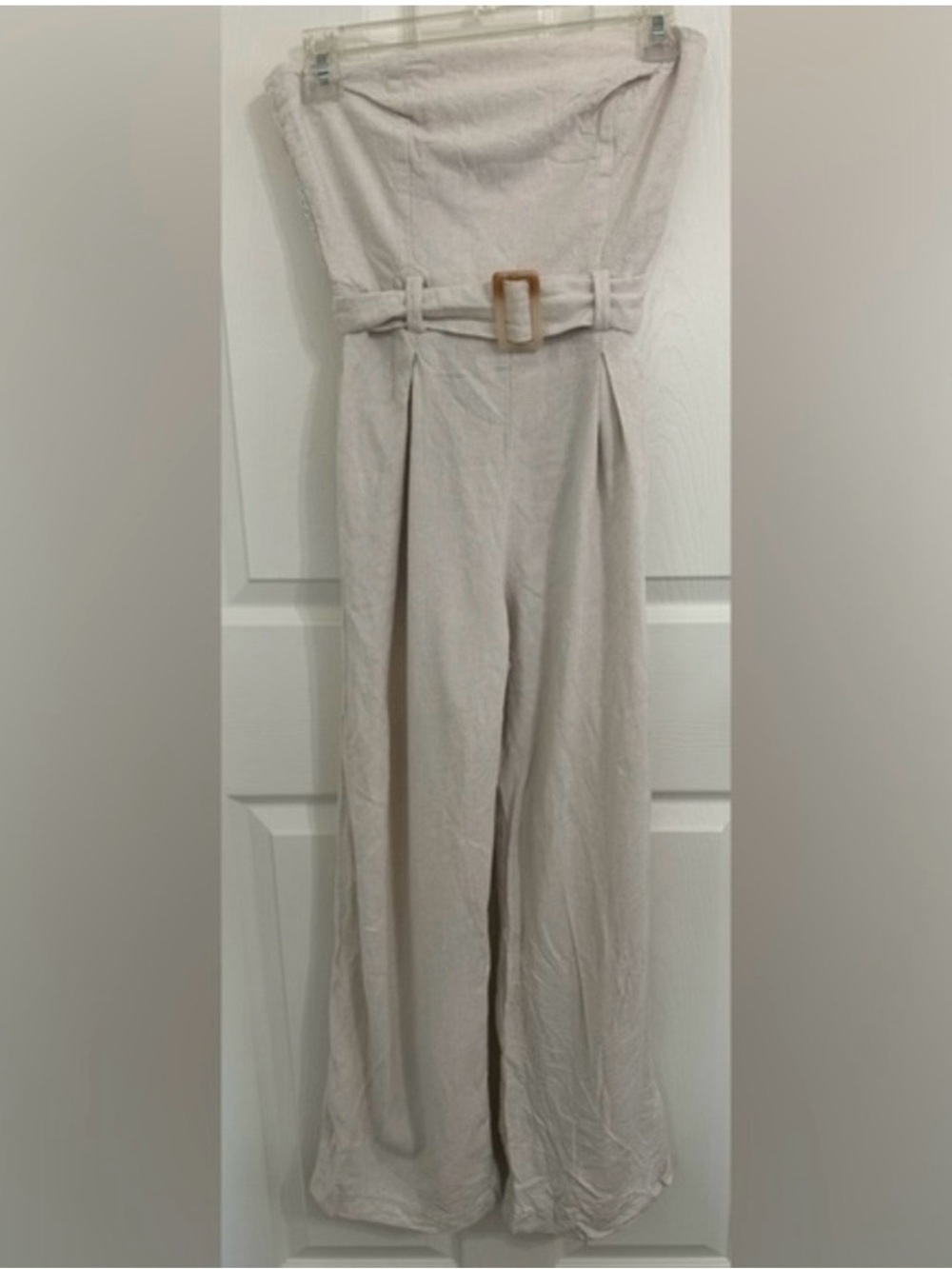 Monteau Strapless Beige/Tan Wide-Leg Jumpsuit with Buckle Belt